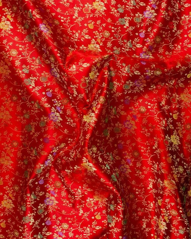 Satin jacquard flowers on Red - Tissushop